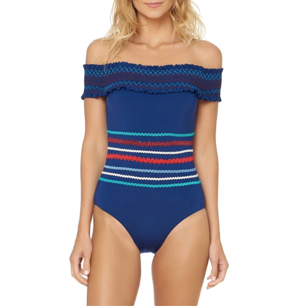 Red Carter Navy Off Shoulder One Piece Smocked Ric Rac Y2K Swim Size 4